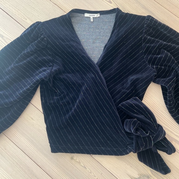 Ganni dark navy with metallic pink stripe wrap top - Picture 1 of 5